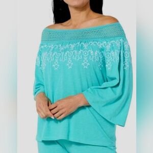Colleen Lopez Turquoise Off-Shoulder Top Crochet Trim & White Embroidery XXS NEW